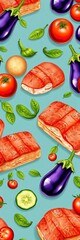 Fresh food seamless pattern featuring eggplant with salmon and potato, along with tomato and cucumber in a harmonious vector illustration, morning, illustration
