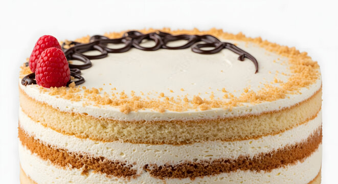 Smetannik or tort smetannik, a Russian sour cream layered cake with chocolate paste cream and strawberries on top against white background. Perfect for baking, snack or comfort food ideas 