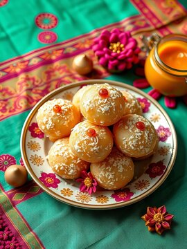Pitha laddu doi sira with japi motifs on Gamosa background, gamosa, traditional food