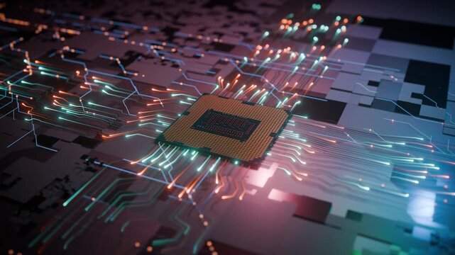 AIチップと電子基板をモチーフにした半導体テクノロジーCGアニメーション