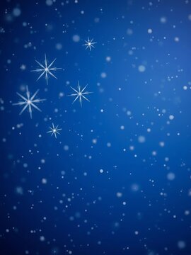 Sparkling snowflakes and twinkling stars fall softly against a deep blue sky, twinkle, magic