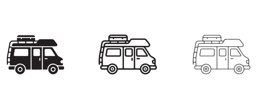 camper van icons in black white and outline style for travel and adventure concepts