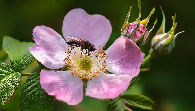 Macro Of A Bramble Flower Rubus Fruticosus With Pink Petals And A Black Fly Pollinator Collecting Pollen Among Buds And Green Leaves Under Natural Daylight