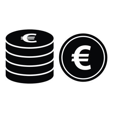 Euro coins stack and single coin with euro symbol on white icon