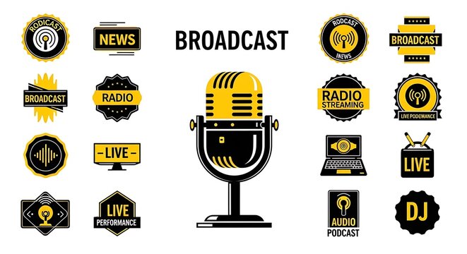 Radio Broadcast Microphone and Audio Equipment Icons Collection.