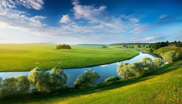 Sommerliche Landschaft Mit Wiesen Und Fluss