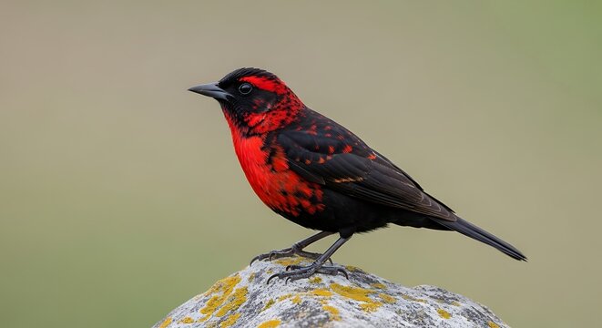 Vivid Red and Black Bird Perched on Rock.