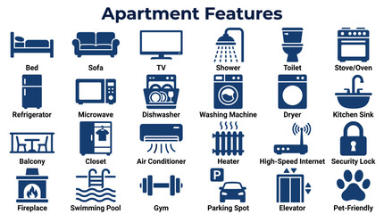 Obraz premium Apartment Features Icons Set Collection Diverse Home Amenities Amenities For Living Spaces And Property Listings Professional Design