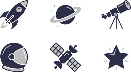 Space exploration and science icons featuring rocket planet telescope satellite and astronaut helmet. © Emongrapic