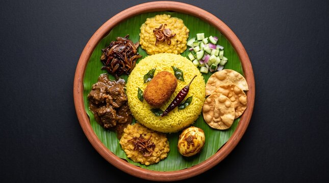 Sri Lankan Lamprais Yellow Rice Platter with Curries on Banana Leaf Clay Plate