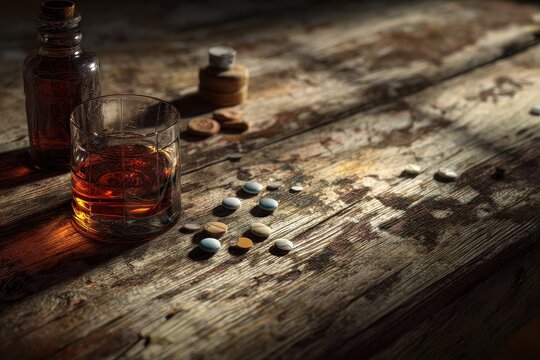 Contemplative illustration of medication and drink resting on a dark wooden desk