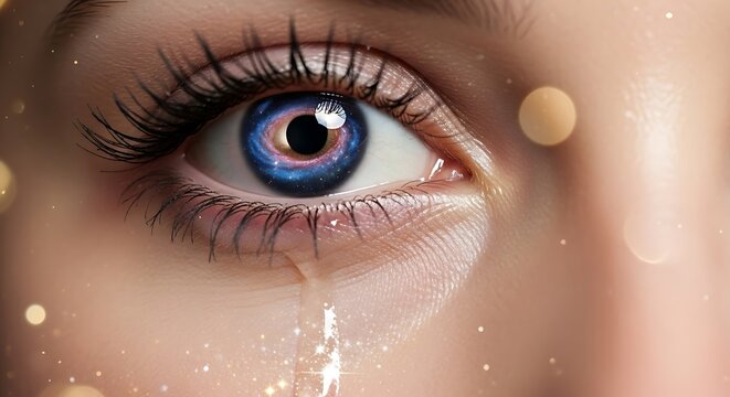 Close-Up of Blue Eye with Tear and Contact Lens.