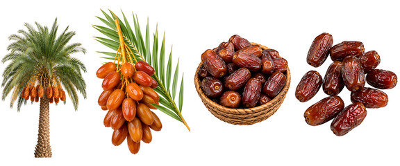 Fototapeta na wymiar Realistic date palm tree and sweet dates collection isolated on white background 