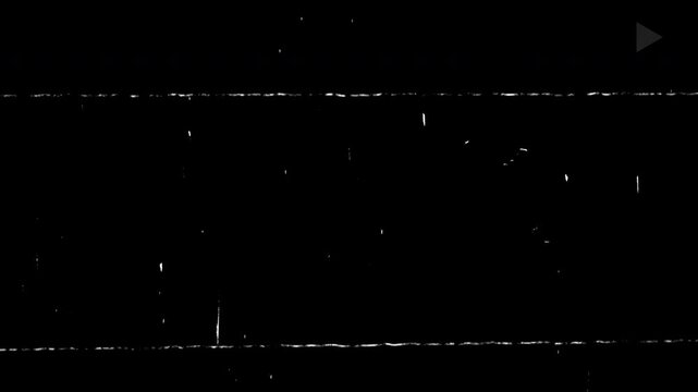 VHS tape playing vintage film with scratches, dust, vignette and icon play, retro film, analog film effect on transparent background, 4k video