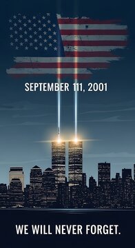 September 11 2001 Memorial Tribute with American Flag and World Trade Center.
