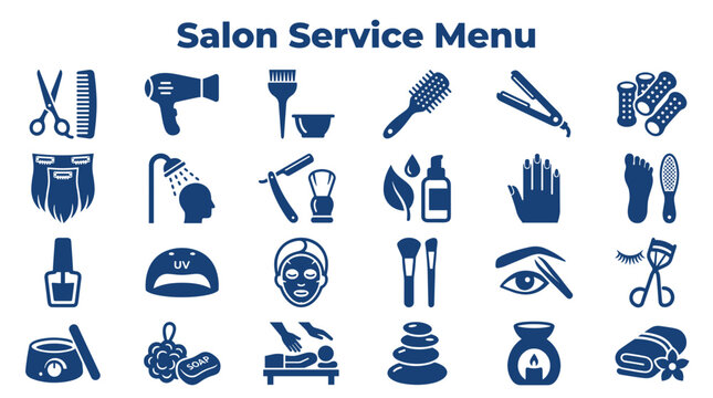 Beauty Salon Service Icons Collection Haircare Skincare Spa Treatments Manicure Pedicure and Grooming Tools Flat Design