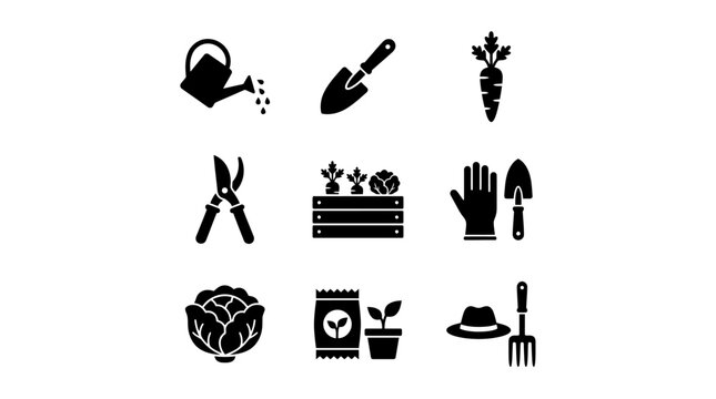 Gardening tools and plant icons set.
