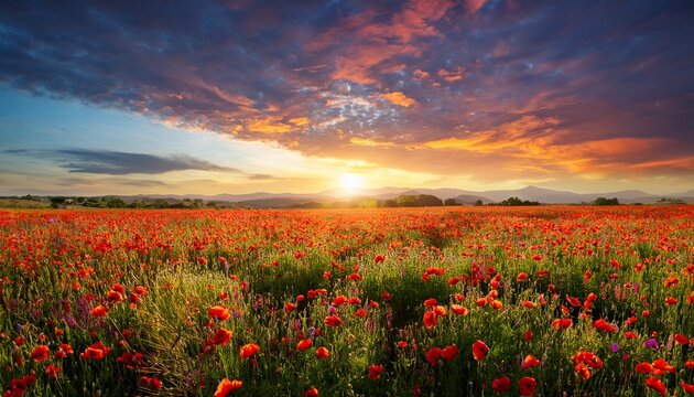 Amazing Poppy Field Landscape Against Colorful Sky