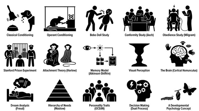 Psychology Concepts and Experiments Solid Glyph Icon Set for Education and Science Research