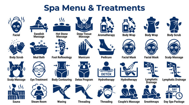 Spa Treatments Menu Icons Collection Featuring Facials Massage Aromatherapy Body Wraps and More for Wellness and Relaxation Concepts