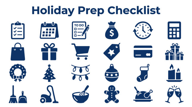 Holiday Prep Checklist Icons Set. Festive Season Planning and Organization Symbols for Christmas and New Year. Shopping, Decorations, Cleaning, Food, Gifts, Time Management.