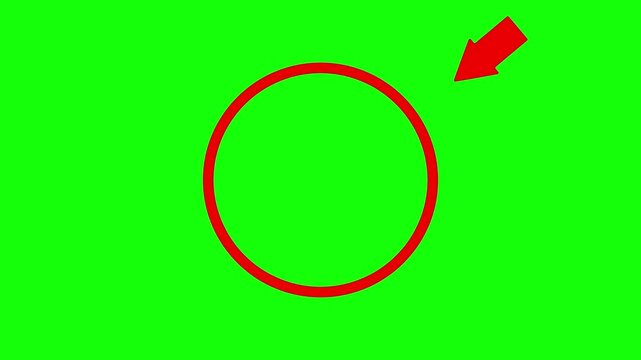 Red circle outline and arrow pointer element on green screen background for video editing assets