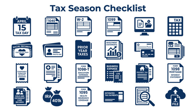 Tax Season Checklist Flat Icons Set Financial Documents and Forms for Planning and Filing Taxes Online