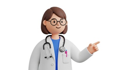 Fototapeta premium 3D Cartoon Female Doctor Character in White Lab Coat with Stethoscope Pointing to Side Isolated on White Background