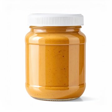 A full glass jar of smooth, creamy peanut butter with a white lid