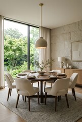 Fototapeta premium Elegant Minimalist Dining Room with Round Wooden Table and Upholstered Chairs Bathed in Natural Light