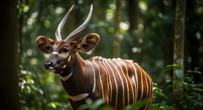 Bongo antelope in lush green forest during dappled sunlight with soft bokeh background