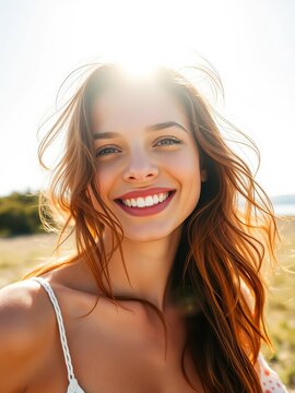Sun-kissed smile, tousled hair, and a twinkle in her eye, beachcombing adventure, carefree spirit
