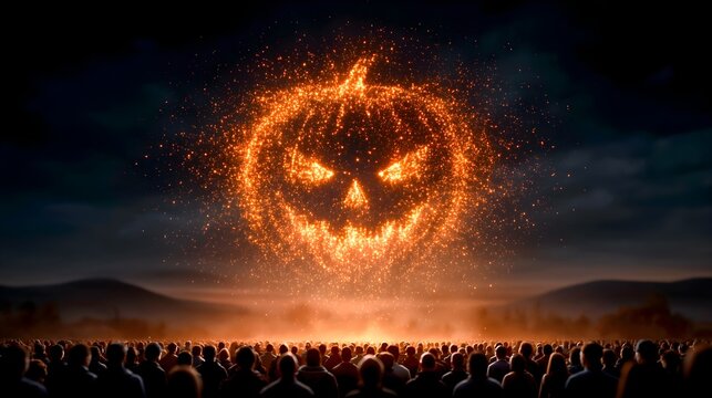 Drone light show forming a jack o lantern face in night sky