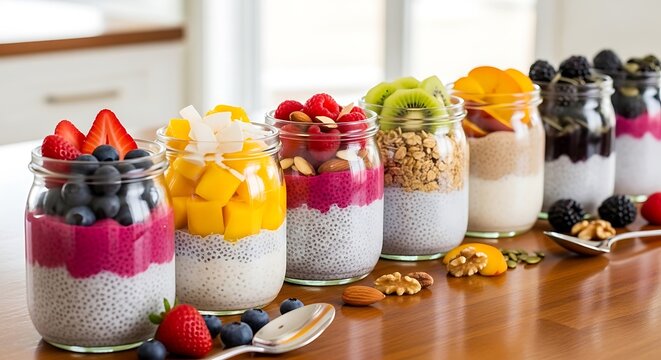 Assorted Fruit and Yogurt Parfaits in Glass Jars on Wooden Table.
