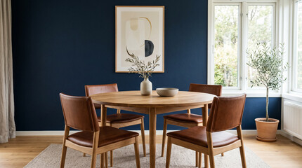 Fototapeta premium Modern dining room with wooden table and blue wall.