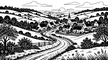 Fototapeta premium Black and White Rural Village Landscape Illustration in Woodcut Style