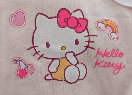 Vista de cerca de un estampado de Hello Kitty sentada y rodeada de un coraz&oacute;n, unas cerezas y un arco iris, en una camiseta. Madrid, Espa&ntilde;a, 15 de mayo de 2026	
