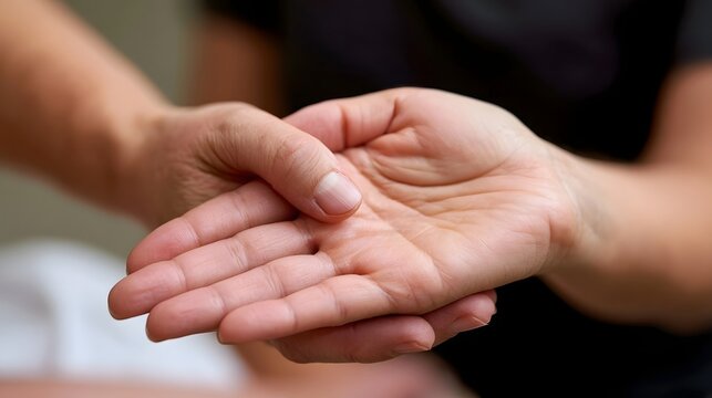Close up of two hands gently holding each other  one resting inside the other  showing skin texture and natural lines