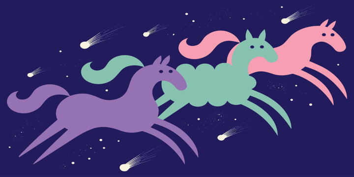 Magical cosmic horses vector illustration with running celestial ponies shooting stars and comets on starry sky background.