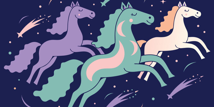 Magical cosmic horses vector illustration with galloping celestial ponies shooting stars and crescent moons on starry night background.