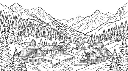 Obraz premium Mountain Village in Alpine Valley Landscape Coloring Page