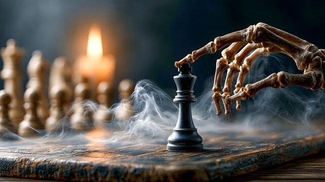 Skeleton hand moving a black chess piece by candlelight