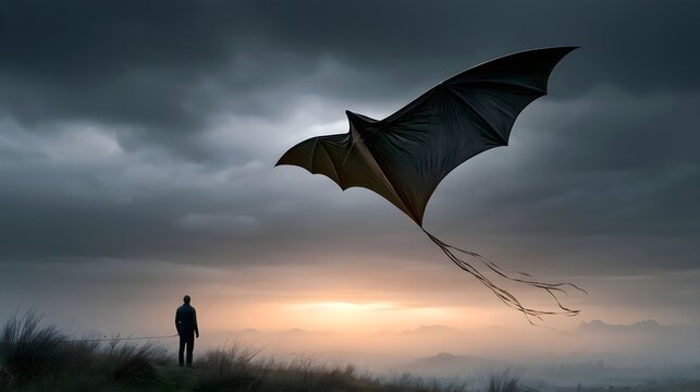 Black bat kite swooping against a brooding grey sky