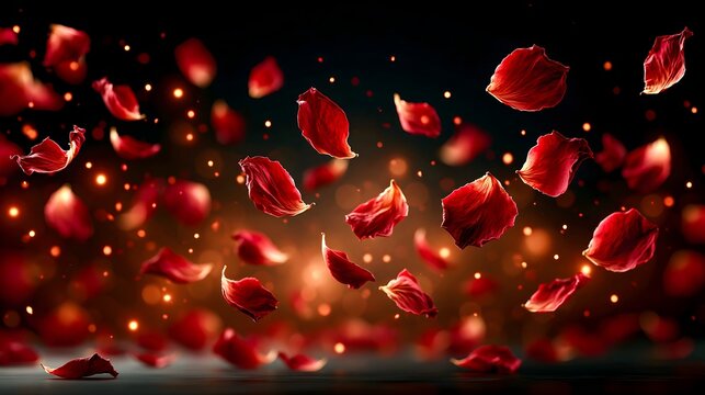 Dried dark red rose petals falling on a black background