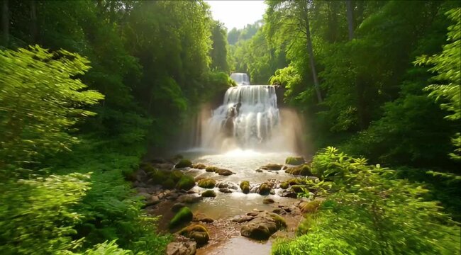 Waterfall forest stream summer sunlit moss rock green nature landscape lush serene scenic tranquil waterfall forest green tree lush nature drone shot seasonal landscape serene mist waterfall forest