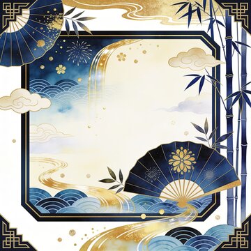 青い扇子と竹、花火を描いた金彩の夏和柄フレーム背景