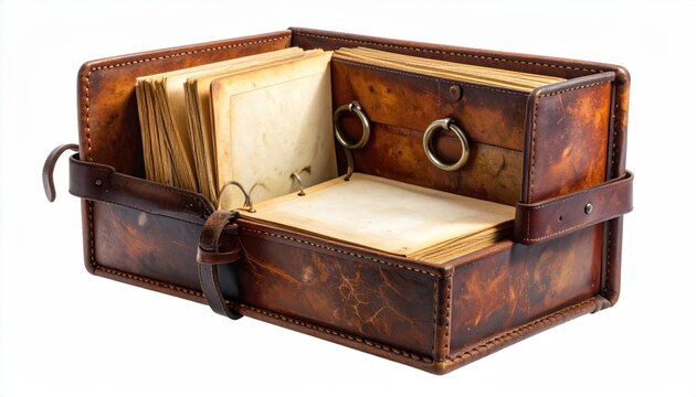 Aged leather case holding open antique, blank notebooks with metal rings