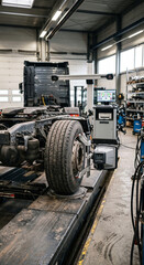 Fototapeta premium Heavy truck wheel and axle positioned over a service pit in an industrial garage with tools nearby for commercial vehicle maintenance
