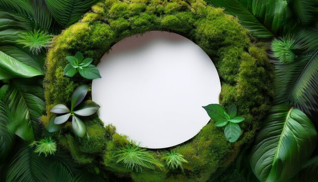 A Vibrant Ring Of Lush Green Foliage And Moss Surrounds A Blank White Circle