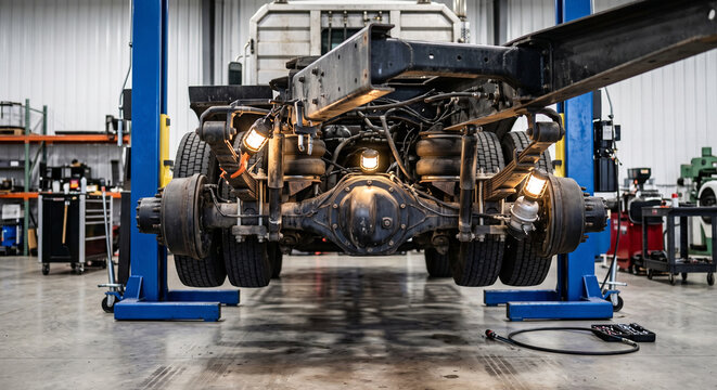 Front underside of a heavy truck on a lift showing axle, suspension, and wheels during service inspection for commercial vehicle maintenance